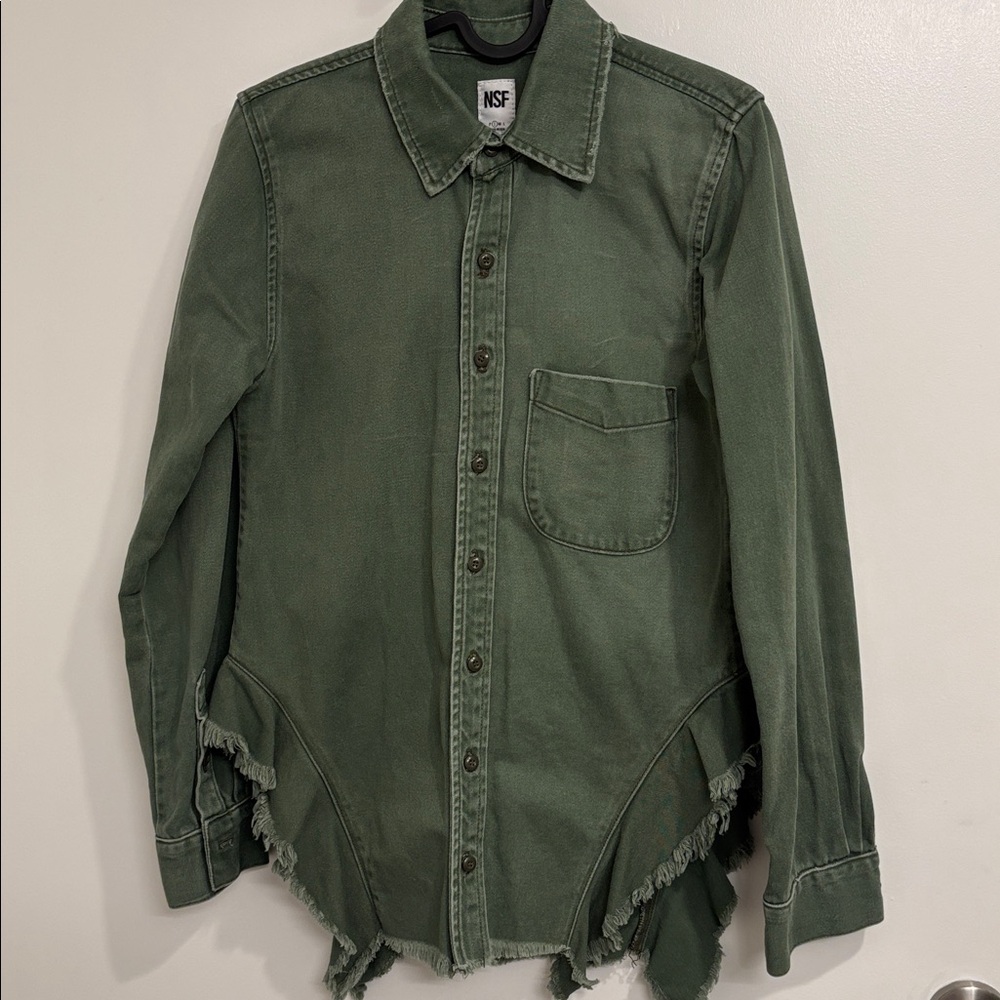NSF Women's Olive Frayed Hem 100% Cotton shirt